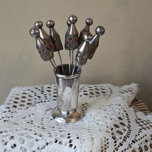 Vintage Silver Cocktail Picks with Decorative Glass